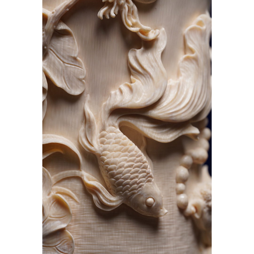 天然マンモス牙美しい手作り彫刻 金玉満堂 筆筒 天然マンモス牙美しい