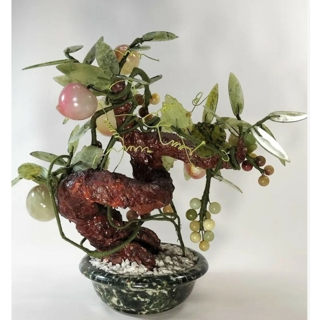 天然石 桃の木 縁起物 石材製 彫刻 天然石 盆栽風 飾り 桃と葡萄の