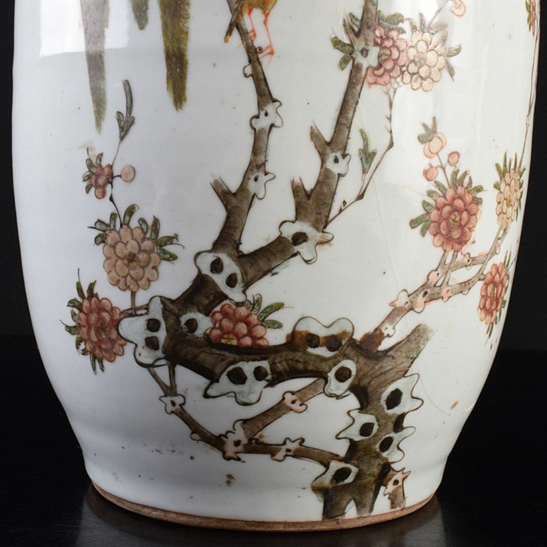 アウトレット 中国 粉彩花鳥文 双耳瓶 高さ約41cm V R7643F 清粉白花