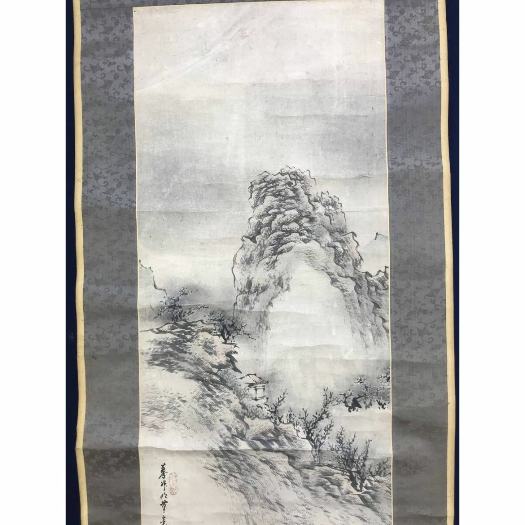 真作】//河村虹外/山水/人物/帆船/画賛/布袋屋掛軸HI-923