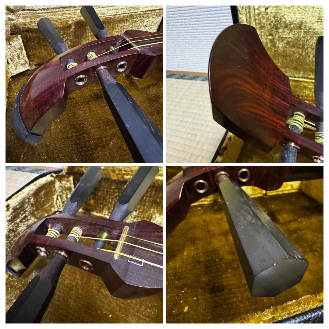 三味線中棹東さわり紅木1本溝糸まき素六破れ有りハードケース付き