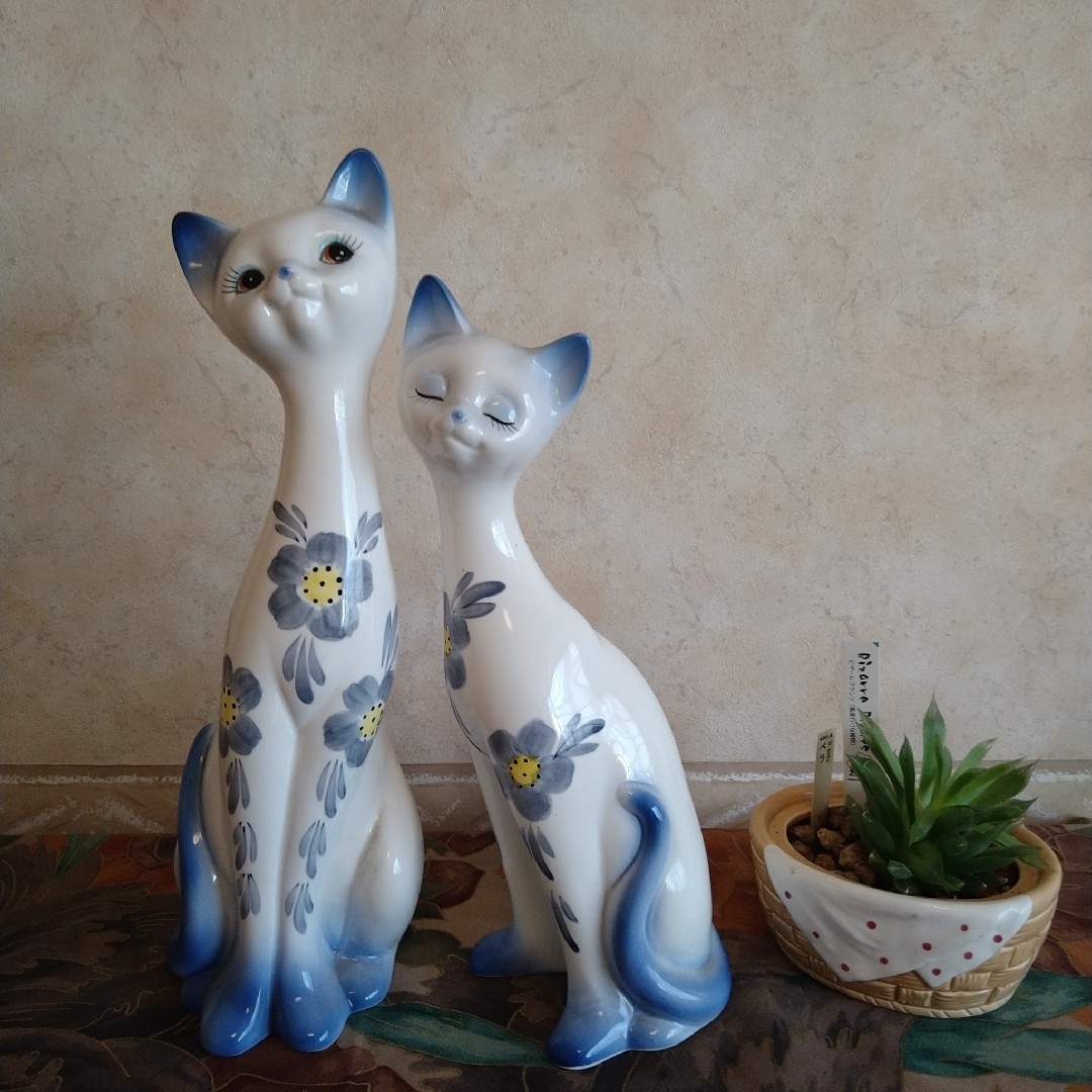 昭和レトロ 猫の置物 陶器 ペアキャット