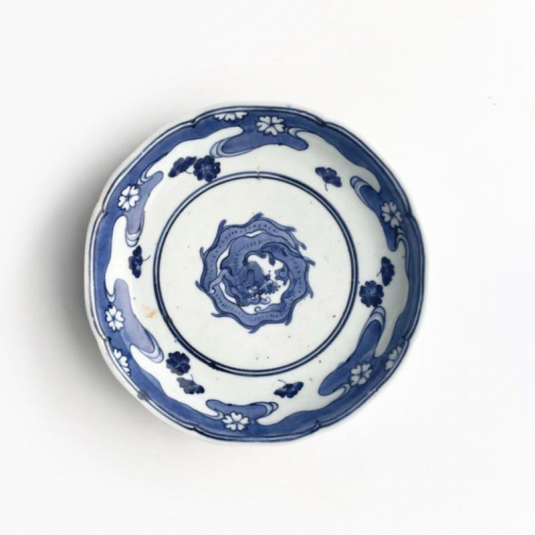 骨董 アンティーク 古伊万里 染付 流水桜 団龍文様 六寸皿 丸皿