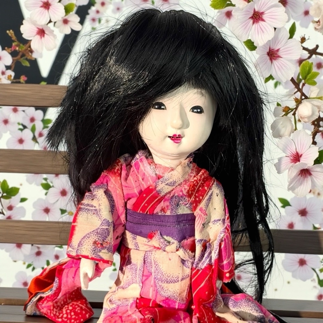 市松人形 明治後期 市印 朱印 三つ折れ 黒目 ガラス目 縮緬 着物 伝統