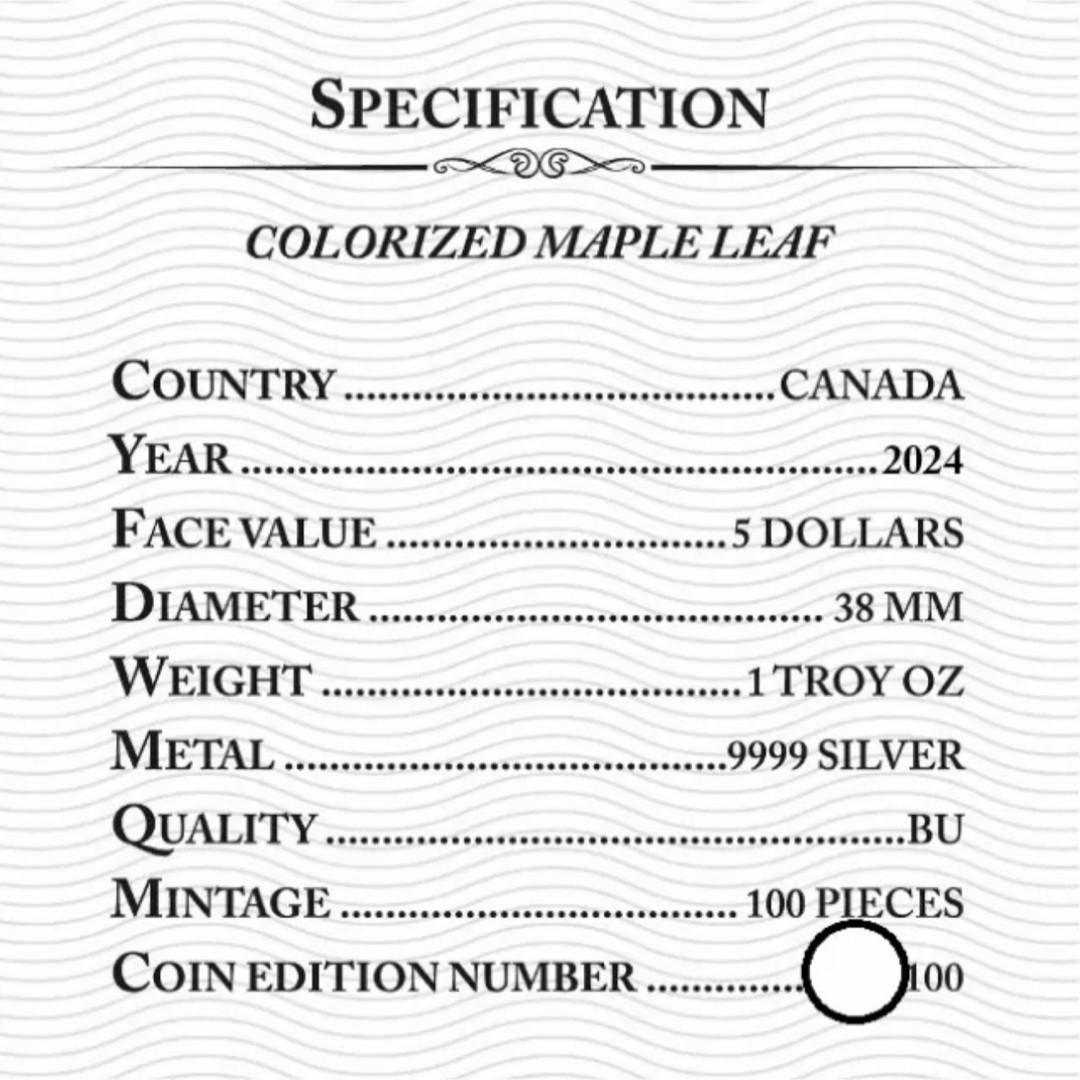 世界100枚限定！ メイプルリーフ 銀貨 カラー メキシカンスケルトン 1