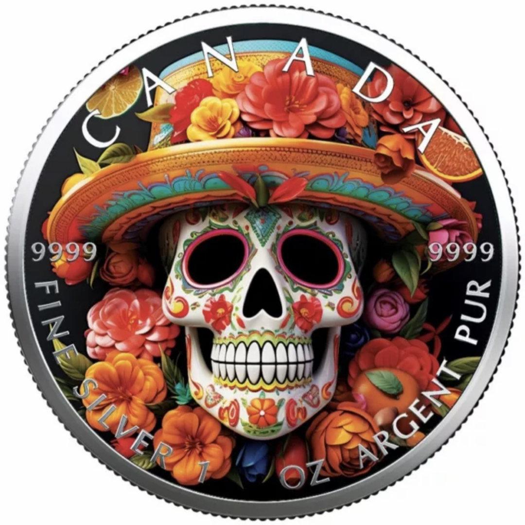 世界100枚限定！ メイプルリーフ 銀貨 カラー メキシカンスケルトン 1