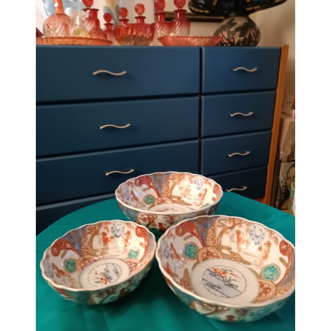 古伊万里 金彩染め付け 赤絵唐子人物絵 三ツ鉢揃い 菓子鉢 美術品 江戸