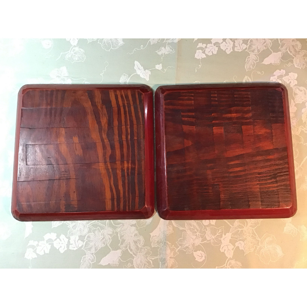 お盆 木製トレー 彫刻模様入り 4枚セット アンティーク 昭和レトロ