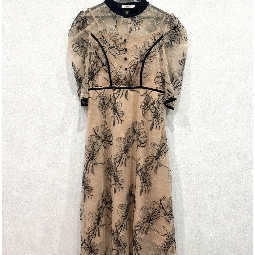 Leja - Leja パイピングハイネック花柄ラメレースワンピースドレスの