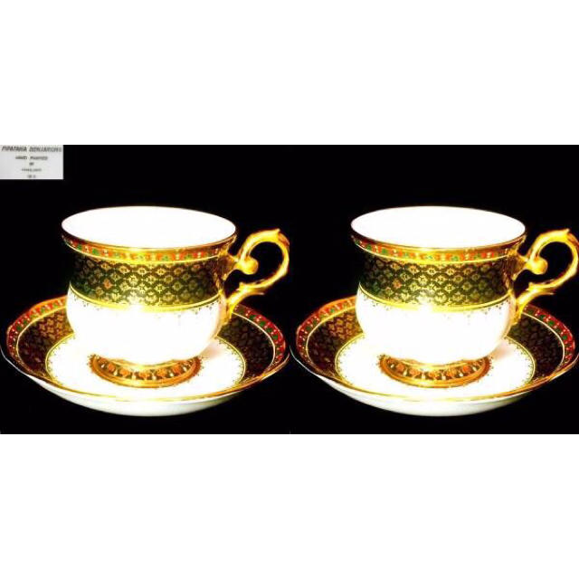 高級18K タイ王室御用達手書き ベンジャロン焼 カップ＆ソーサー2客
