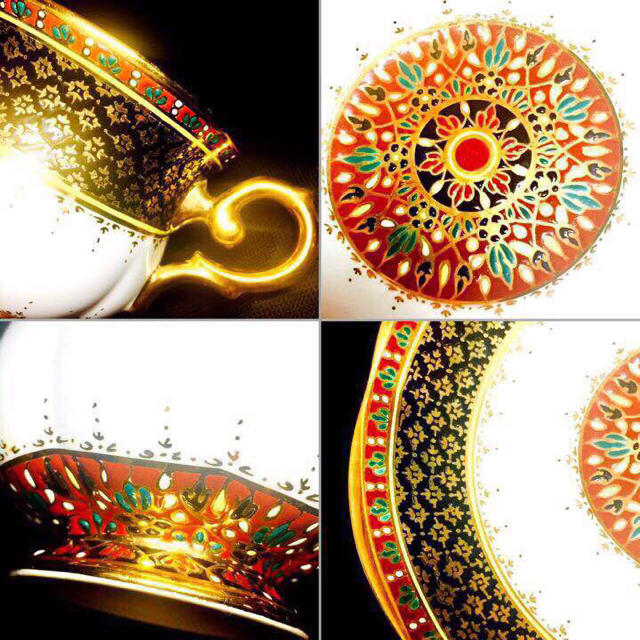 高級18K タイ王室御用達手書き ベンジャロン焼 カップ＆ソーサー2客