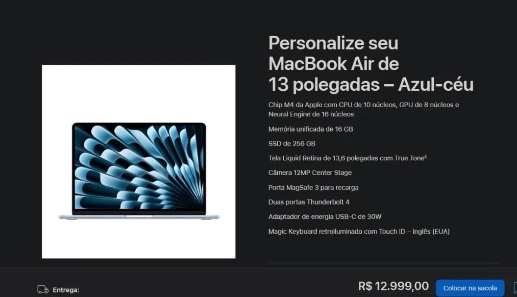 MacBook Air 13? pol16GB memory 256GB storage Sem uso Na garantia