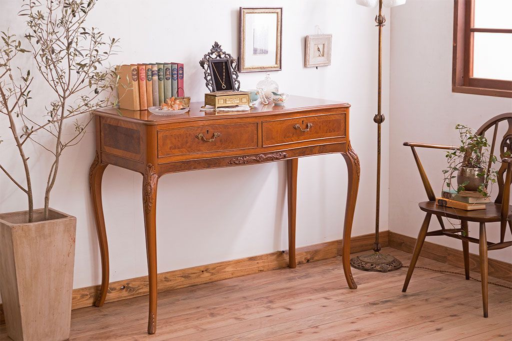 イタリア製クラシカル 美しい木目の象嵌 猫脚 コンソール デスク