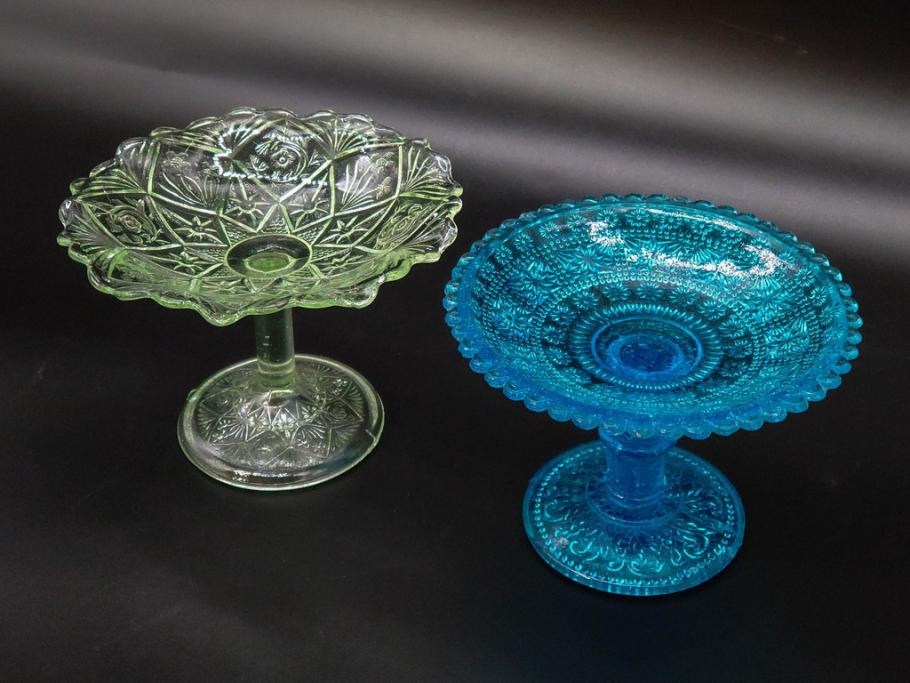 アンティーク ガラス コンポート ブルー 盛り鉢(工芸ガラス)｜売買され
