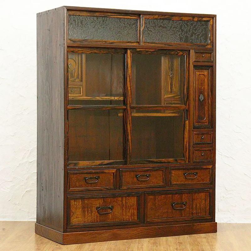 上質 黒柿 結霜ガラス入り 茶箪笥 和風キャビネット 日本製 大正・昭和