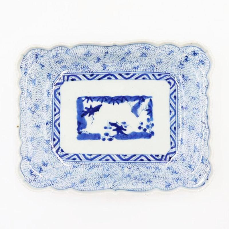 希少手描き染付角皿｜22.5×17.5×4.5｜明治大正アンティーク