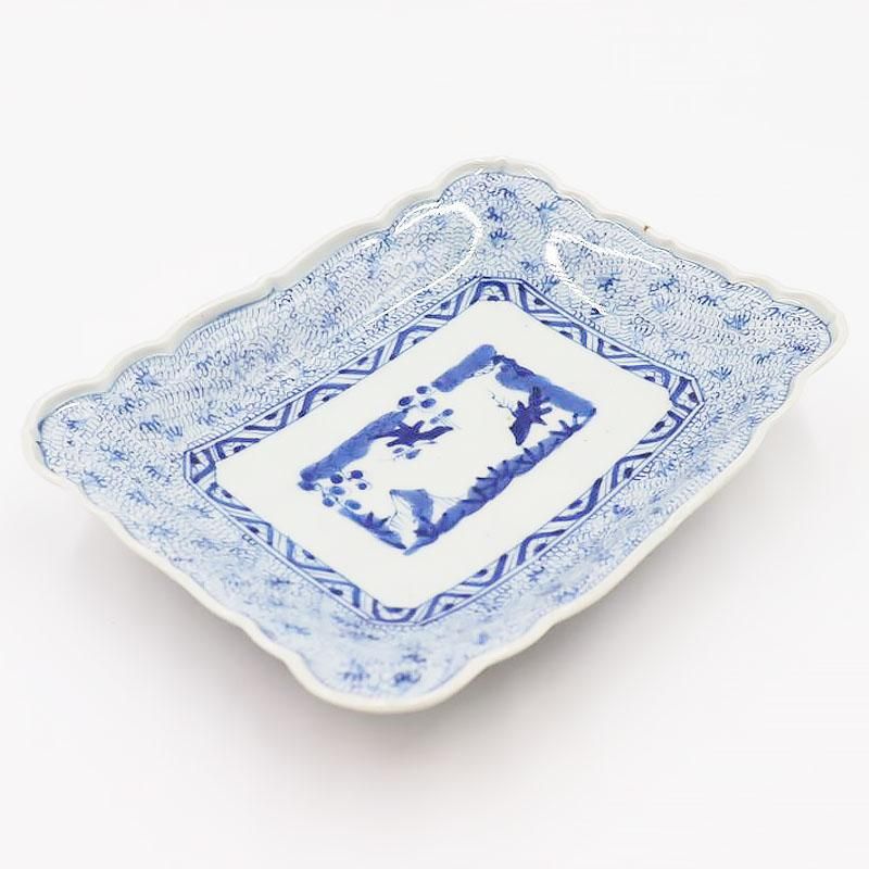 希少手描き染付角皿｜22.5×17.5×4.5｜明治大正アンティーク