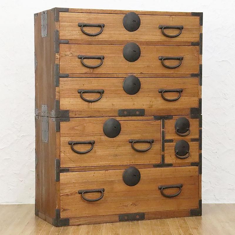 明治時代箪笥珍品時代鍵付欅箪笥四段金庫引出二段時代金具隅に金具止