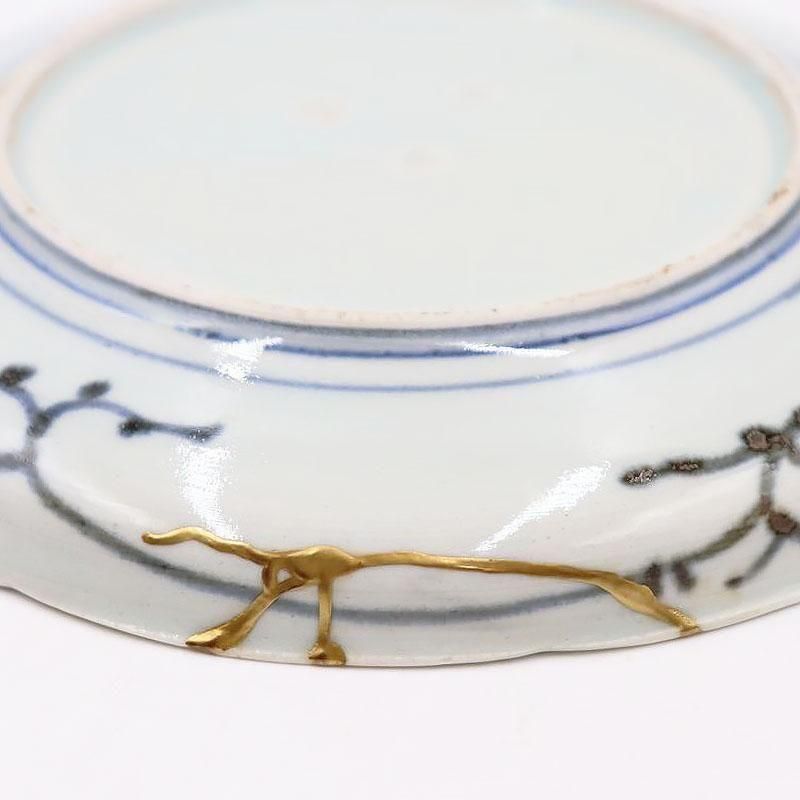 中皿 明治の手描き伊万里金継ぎ花唐草の和骨董