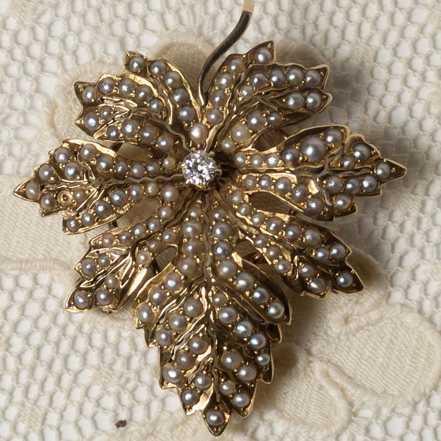 シードパール ダイヤ 14金 メープルリーフブローチ エドワーディアン