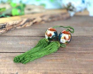 水墨画 掛軸 風景画 九谷焼 タッセル セット 青粒 渦打青粒金唐草