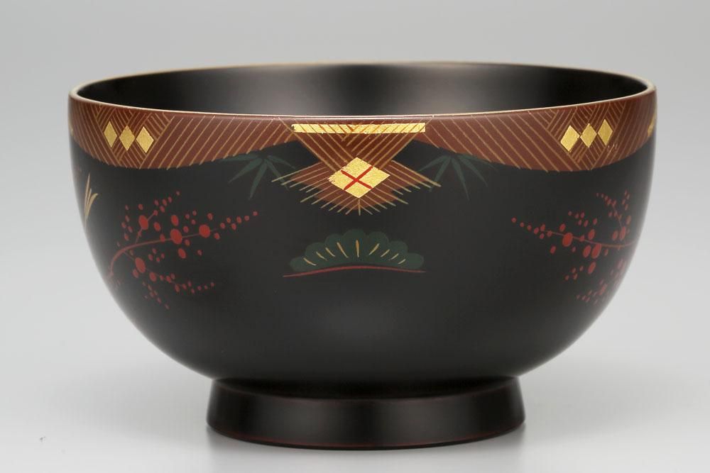 3.7汁椀 溜内黒 会津絵松竹梅 - 福西惣兵衛商店
