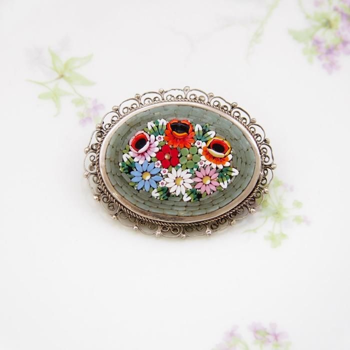 ロコ様専用伊アンティーク XPのマイクロモザイクブローチ 完品 ITALY