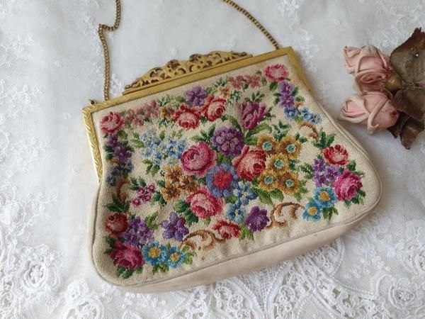 アンティーク プチポワン バッグ ベルギー製 花柄 1940年代