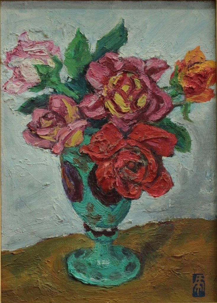 油絵 画家・尾形民子 バラとレモンと瓶の油絵 油絵 画家・尾形民子