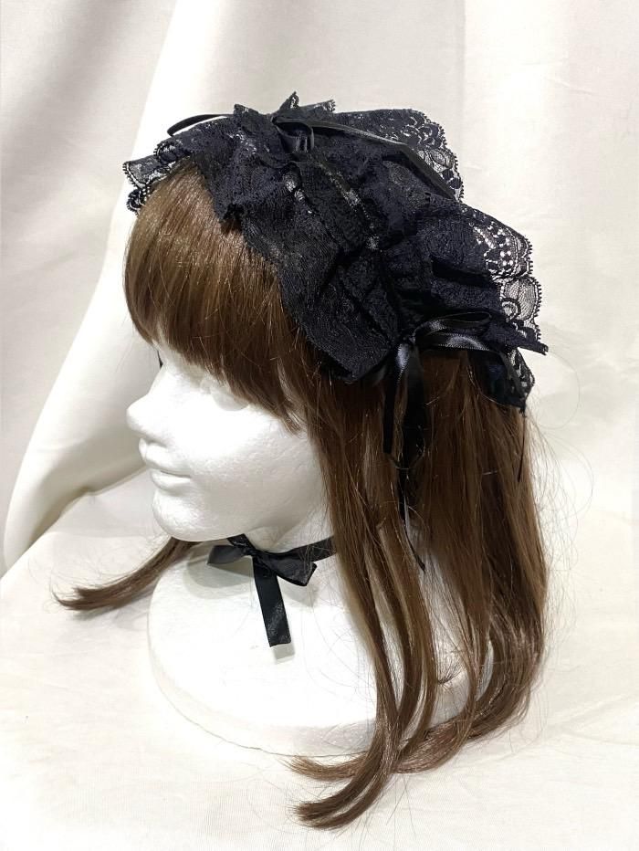 ◇受注商品◇ベール付きヘッドドレス：黒レース×黒リボン - MARBLE