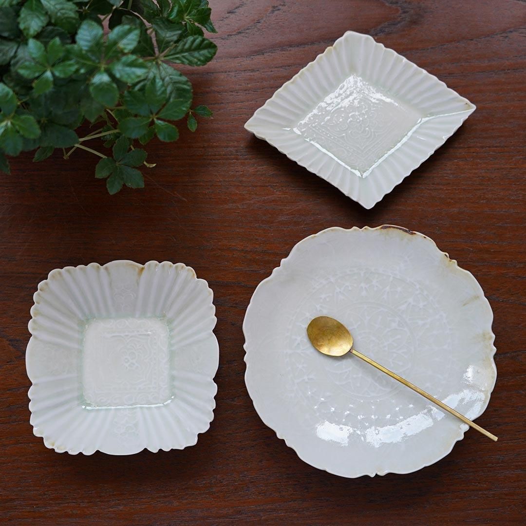 美品 未使用 村田森さん 青瓷輪花菱形皿 美品 未使用 村田森さん 青瓷