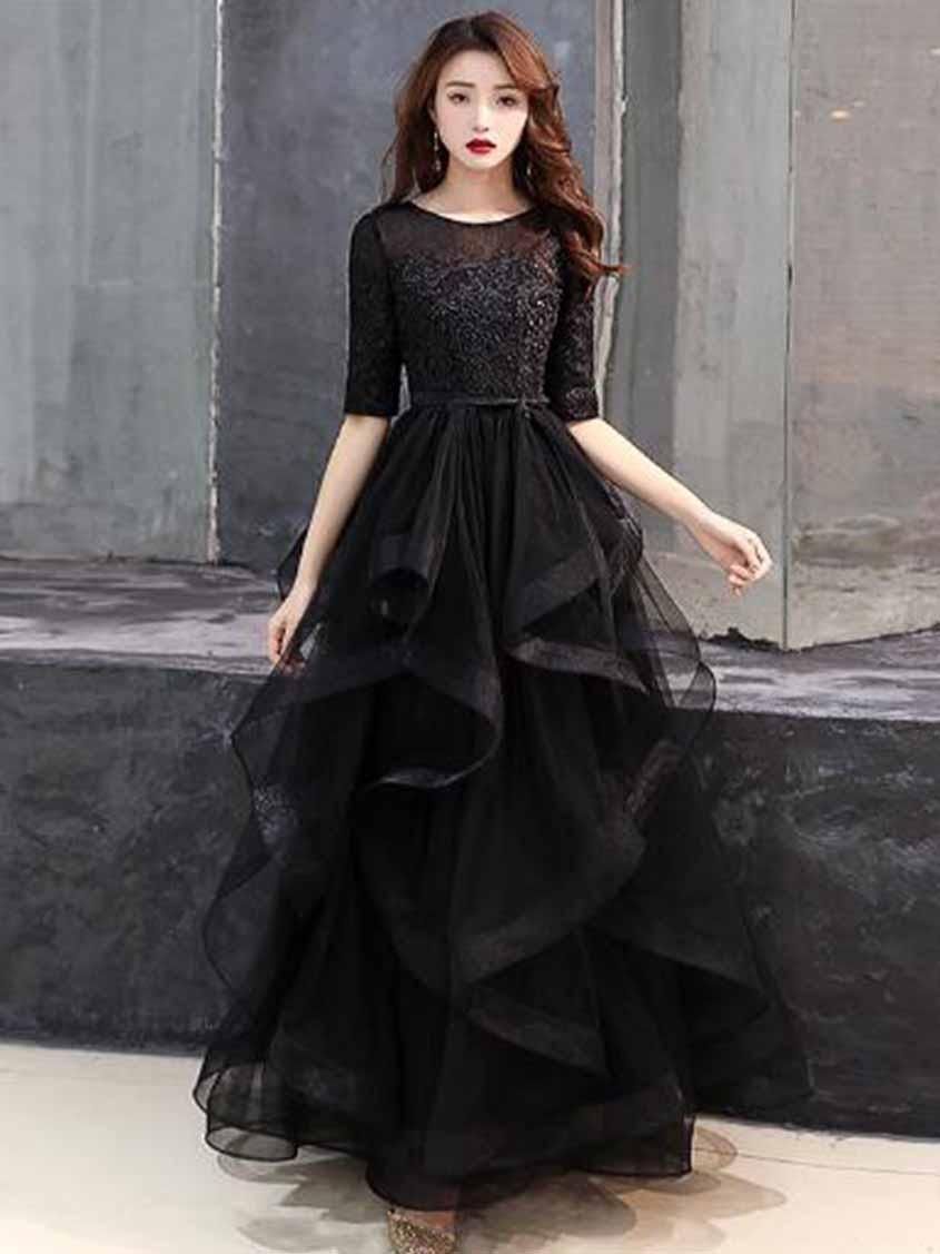 M即納】ブラック＊フリル5分袖ロングドレス XS~大きいサイズ/ 演奏会