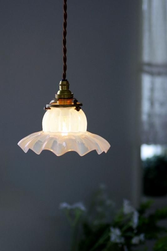 0252フランスアンティークオパールセントガラス フリルランプシェード