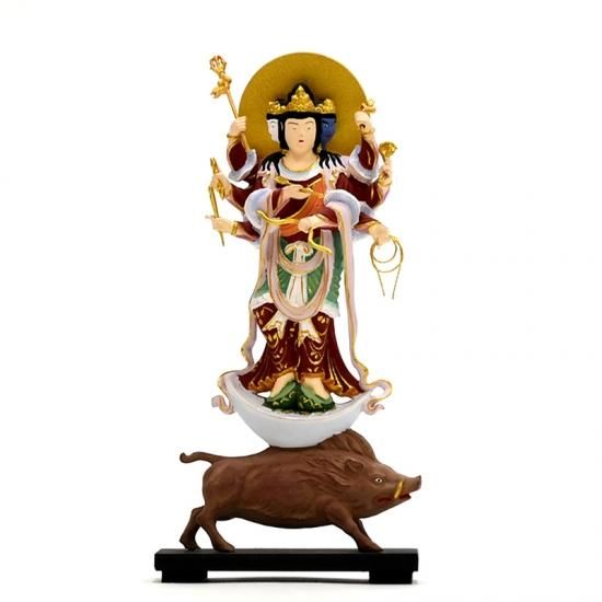 本格小仏 【摩利支天立像】 柘植製 極彩色 総高約13.5cm - 【海宇工芸