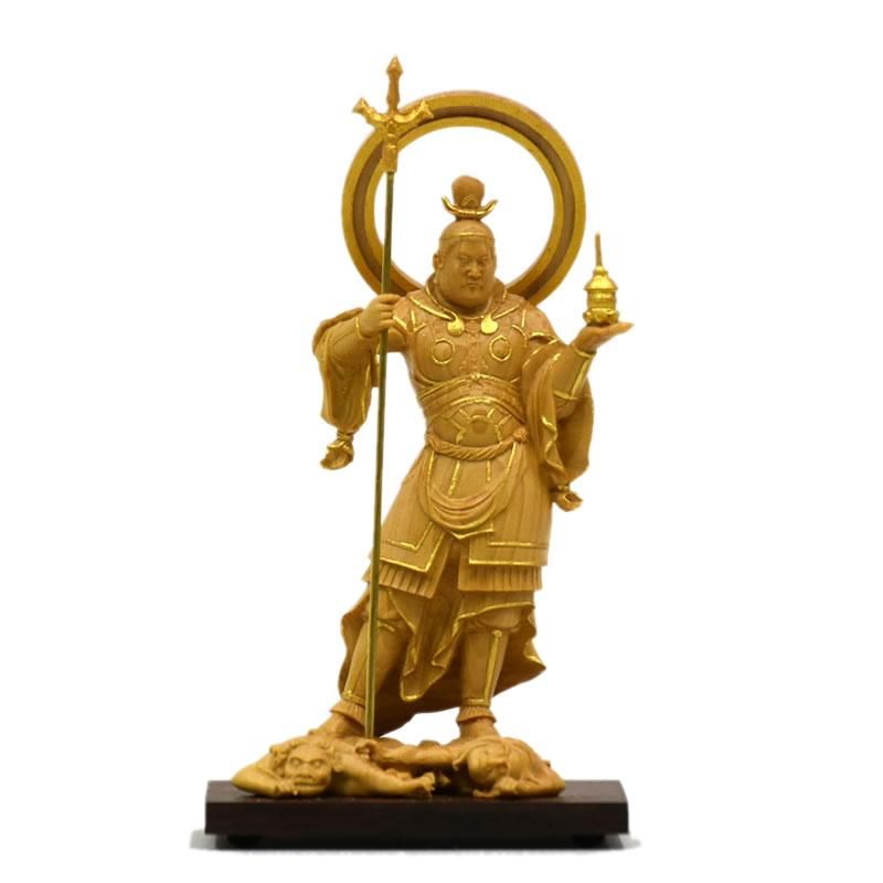 小仏】柘植願成就院形毘沙門天立像 金泥書 総高約11.5cm