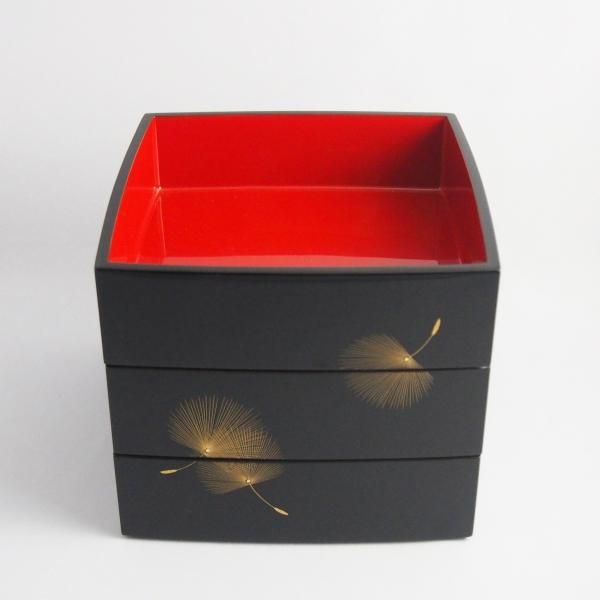 希少 未使用 輪島塗 角型 三段重 無地 W20×H19cm 溜蝋色 共箱付 希少