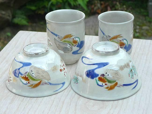 粉引おしどり夫婦茶碗と夫婦湯呑セット 花月 - 京焼清水焼 松韻堂