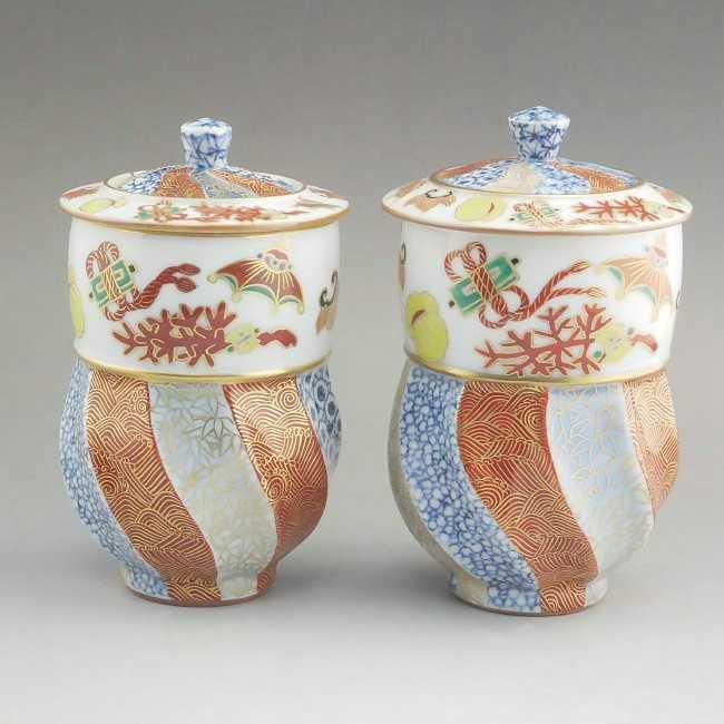 富貴春秋蓋付夫婦湯呑 京泉 - 京焼清水焼 松韻堂