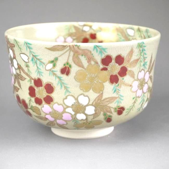 柳に桜抹茶茶碗 如山 - 京焼清水焼 松韻堂