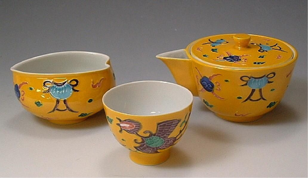 19 京都清水焼黄唐草茶器揃