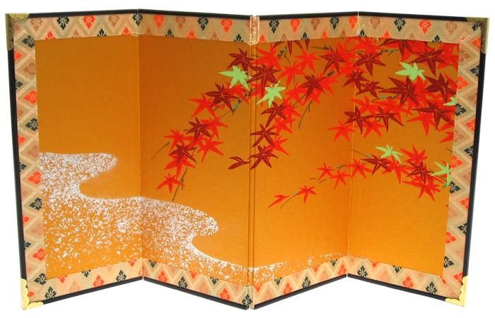 四つ折り屏風 日本画 金箔彩色 紅葉に露草 四つ折り屏風 日本画 金箔