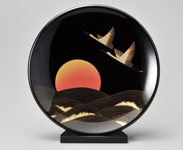 日展作家冨田立山の越前漆絵『松に鶴』