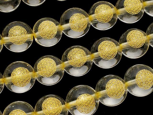 金色！フラワーオブライフの彫刻入り！クリスタル ラウンド8mm・10mm