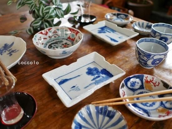 古伊万里 染付 型刷印判 幾何学文様の図 変形皿 E578 AS-