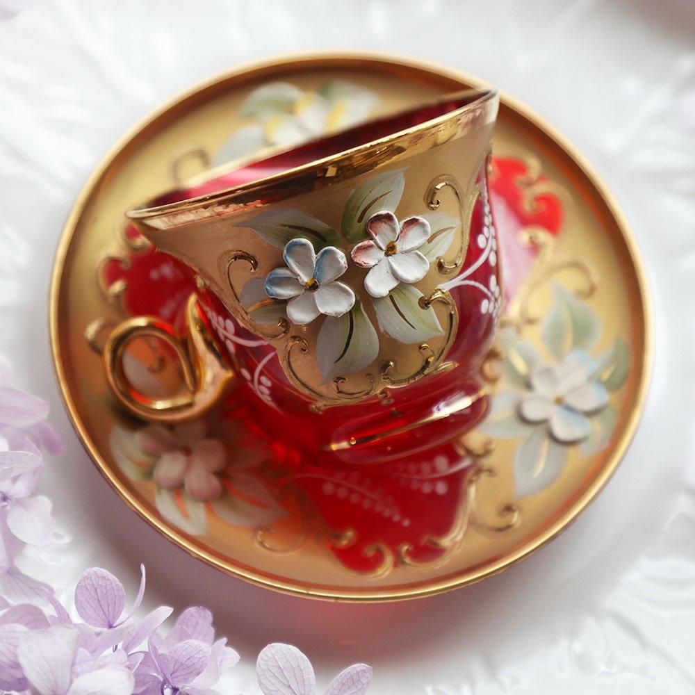 イタリア製金彩赤硝子デミタスカップ＆ソーサー（備考有） - 海福雑貨