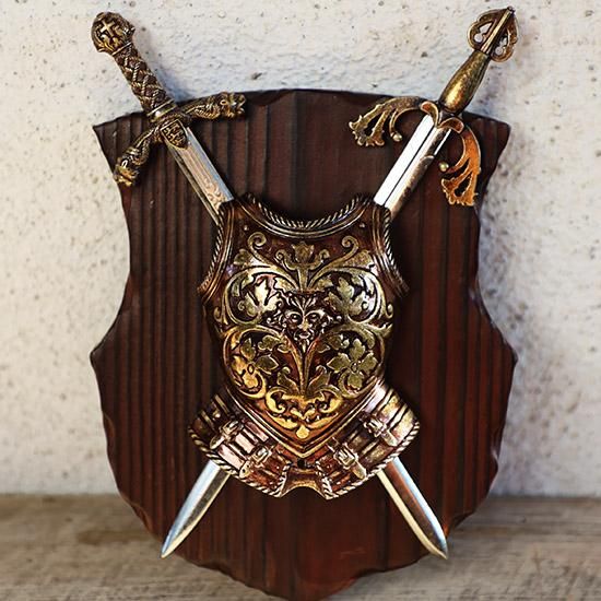 盾と剣の壁掛けオブジェ・金色 - 海福雑貨通販部