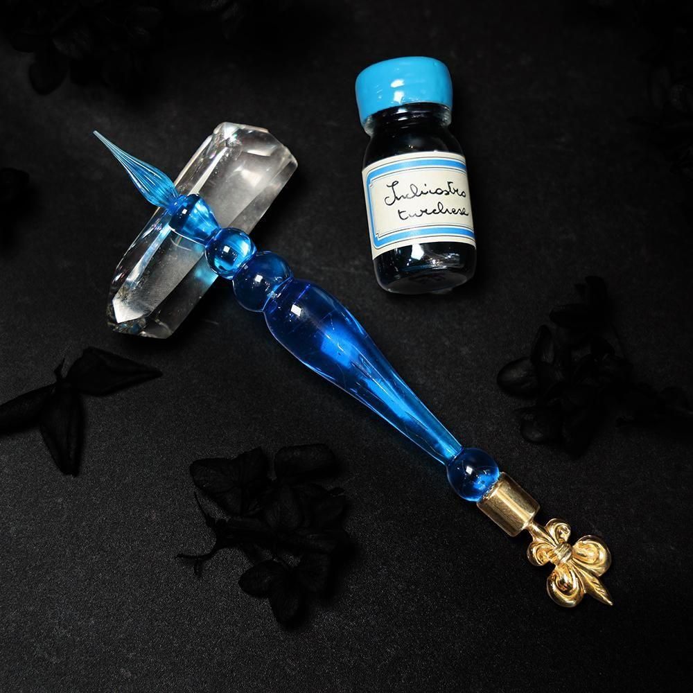 ガラスペン・インクセット「百合の花」スカイブルー - 海福雑貨通販部