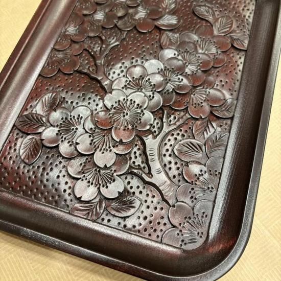 軽井沢彫り お盆 トレイ 軽井沢彫 花柄彫刻 木製トレイ レトロ 高級