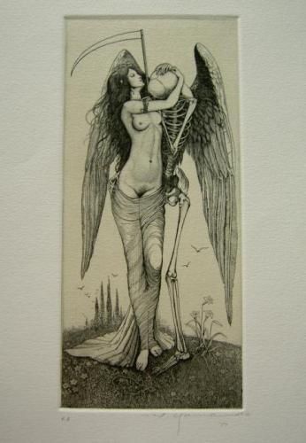 □山本六三銅版画『死と女』サイン入 額装 - 古書きとら