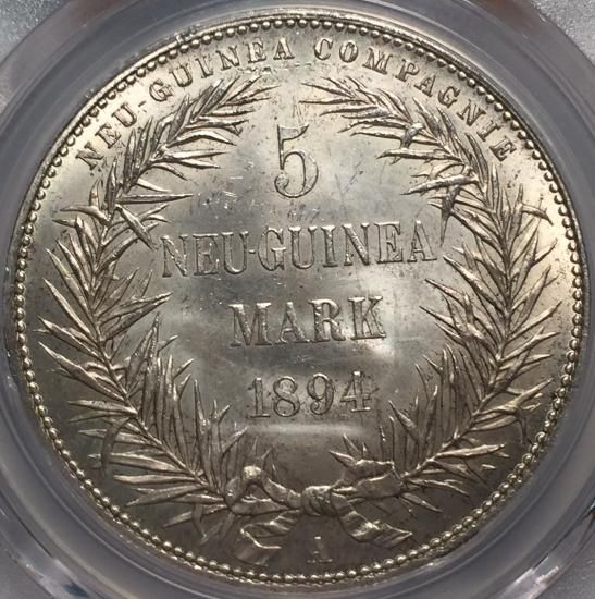 ドイツ領ニューギニア 1894A 極楽鳥 5マルク 銀貨 PCGS MS64